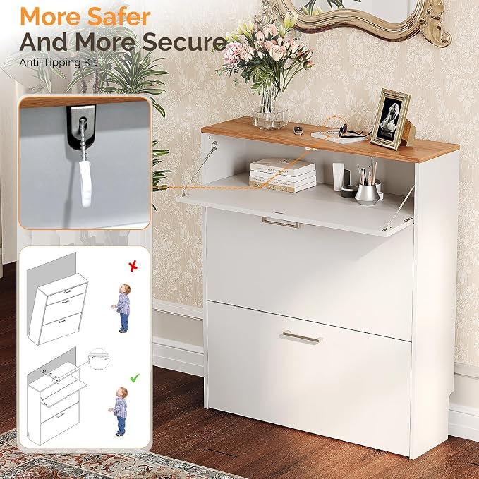 VINGLI Set of 2 Shoe Cabinet for Entryway, 2-Pack 31.5" W Extra Wide Slim Shoe Organizer with 2 Flip & 1 Drop-Down Drawers, Modern White Shoes Rack with Oak Top, Narrow Cabinet for Hallway - Image 9