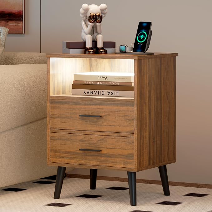 LVSOMT Nightstands Set of 2, Nightstand with Charging Station and USB Ports, Rustic Brown Bedside Table with Open Shelf, Mid Century Modern Nightstand with 2 Drawers, Night Stands for Bedroom - Image 3