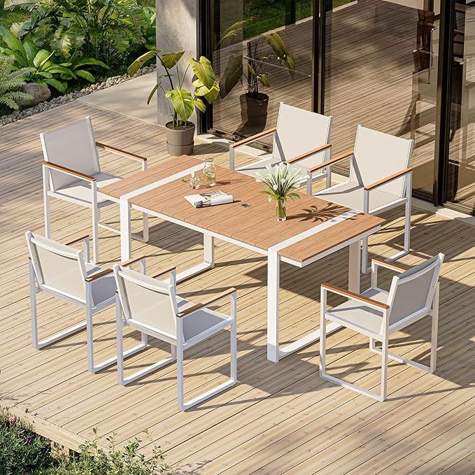 Outdoor Dining Set, HDPS + Aluminum Patio Table and Chairs Set with U-Shaped Base, 7 Piece Outdoor Furniture Set with Umbrella Hole, Patio Dining Table Set for Garden, Backyard (White-Teak) by Oasbira