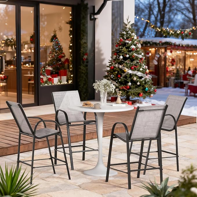 HOMREST Outdoor Bar Height Stools Set of 8,High Back Patio Chairs with Armrests,Textilene Chairs with Breathable Fabric & Metal Frame for All Weather,Light Grey - Image 2