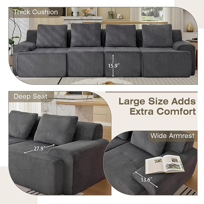 Modular Sectional Sofa, 6 Seat Modular Couch, Modular Sofa with Deep Seat and Detachable Pillow (Grey, 4 Pieces-Rowshape)