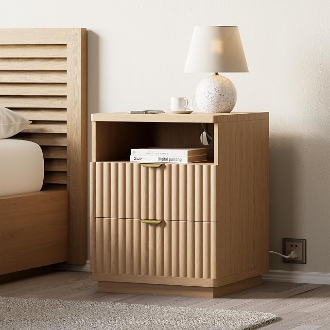 Nightstand with Charging Station, Night Stand with Open Shelf and 2 Drawers for Bedroom, Side Table Bedside Table with USB Ports & Outlets, Small Nightstand End Table (Oak Natural) by XINLILAI