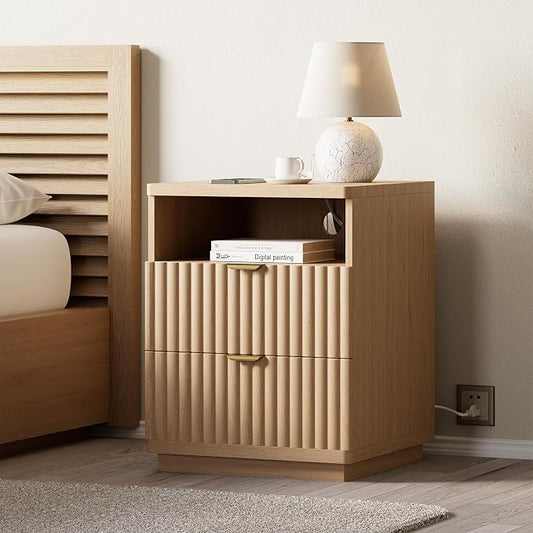 Nightstand with Charging Station, Night Stand with Open Shelf and 2 Drawers for Bedroom, Side Table Bedside Table with USB Ports & Outlets, Small Nightstand End Table (Oak Natural) by XINLILAI