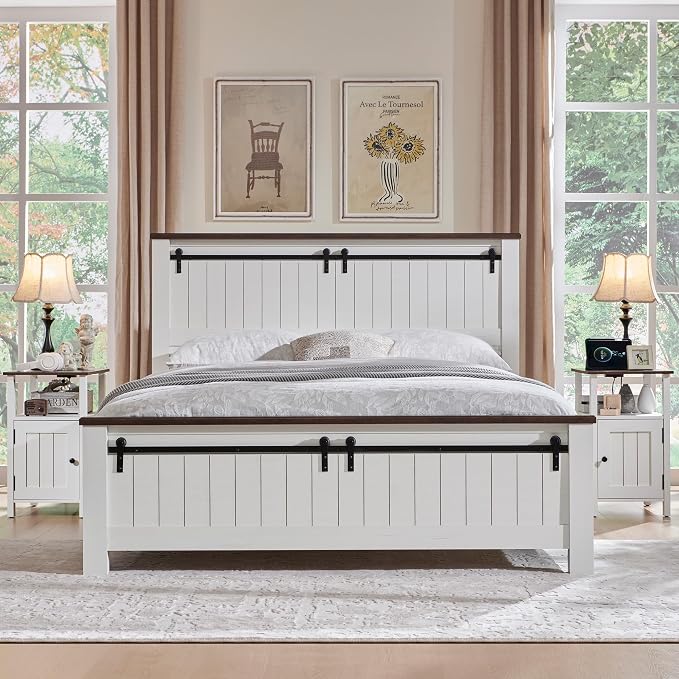IFBUY Farmhouse Nightstands Set of 2, Narrow Bedside Table with Charging Station, Night Stand Set 2 with Storage & Open Shelf, End Tables w/Groove Barn Door for Bedroom, Living Room-Antique White - Image 2
