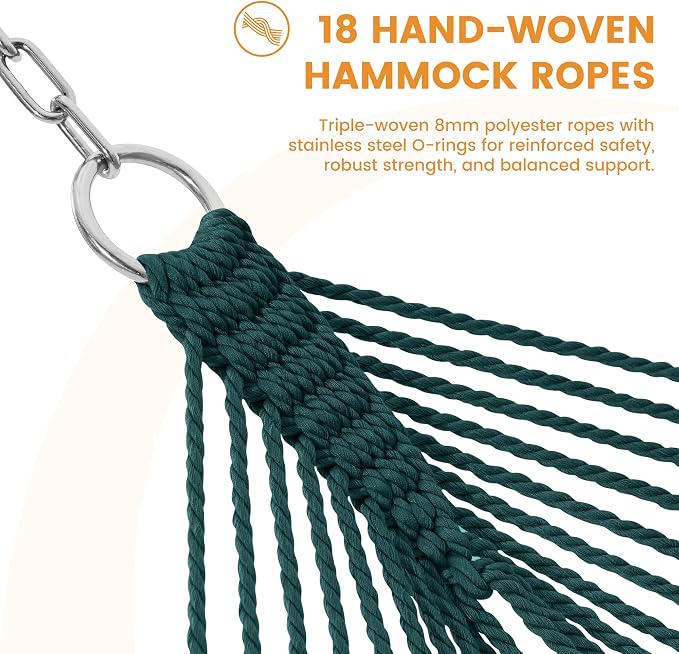 Lazy Daze Hammocks 10.5 FT Double 2 Person Caribbean Rope Hammock, Hand Woven Polyester Hammock with Spreader Bars, for Outside Outdoor Backyard Patio Poolside, 450 LBS Capacity, Green - Image 4