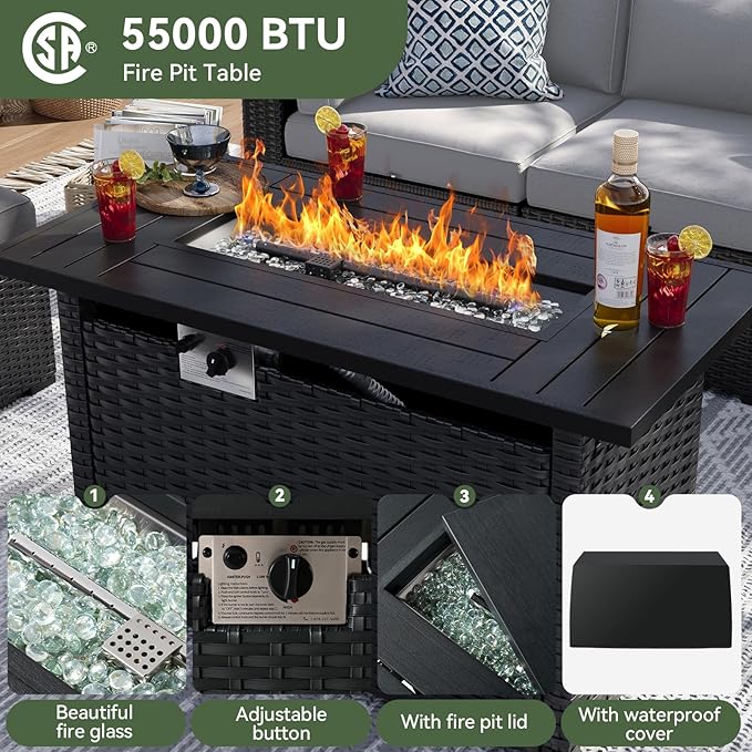 Aoxun 8 Piece Patio Furniture Set with 44” Fire Pit Table, Wicker Rattan Patio Sectional Sofa, Outdoor Furniture Set with Thickened Cushion, Light Gray