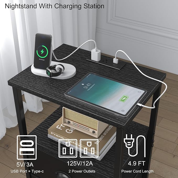 sthmec Nightstand with Charging Station, LED Night Stand Set 2, Bedside Table End Table Set of 2, Bedroom Table with 2 Fabric Drawers PU Finish, 3-Tier Storage Side Table for Bedroom,Black - Image 4