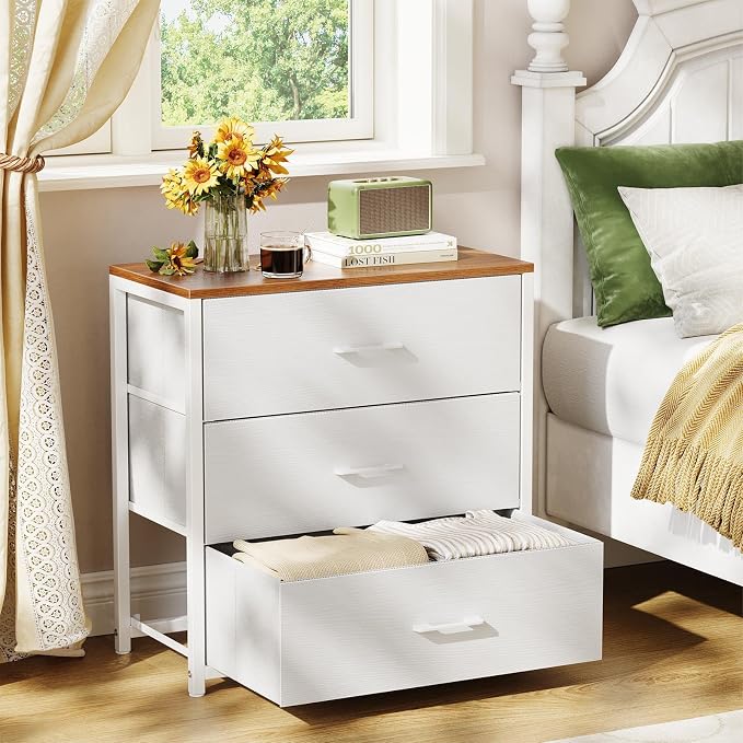 Memobarco Nightstand,Farmhouse Night stand with 3 Storage Drawer,Small Dresser for Bedroom,Chest of Drawers Fabric Dressers with Steel Frame,Wooden Top Front Bedside Table for Small Space,White+walnut by MEMOBARCO