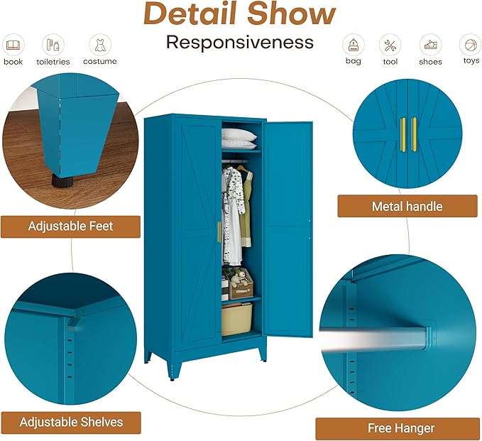 Metal Armoire Wardrobe Closet with Hanging Rod, 71'' Metal Wardrobe Cabinets with 2 Doors and Adjustable Shelves, Bedroom Armoires, Laundry Room Clothing Storage Cabinet, Office Wardrobes