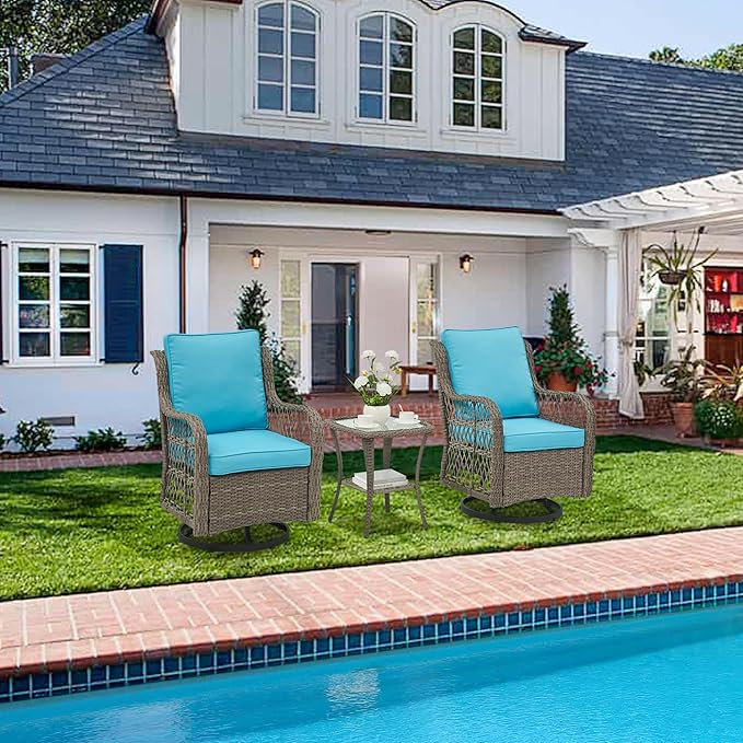 GarveeHome 3 Piece Outdoor Patio Set, Wicker Rocking Bistro Set with 2 Swivel Chairs & Tempered Glass Top Table, Rattan Outdoor Furniture with Cushions for Patio Porch Backyard