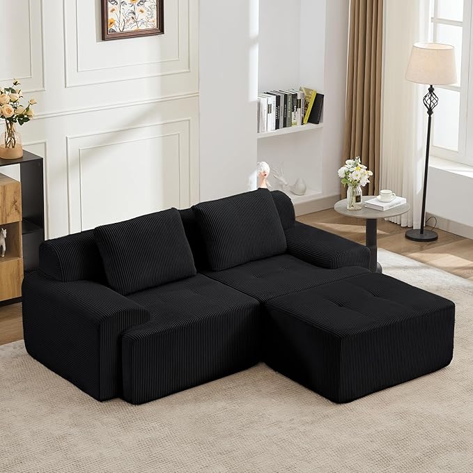 KIGOTY Modular Sectional Sofa, 3 PCS Comfy Cloud Sectional Couch with Deep Seat, L-Shaped Corner Sofas with Ottoman, Modern Boneless Couch for Living Room, No Assembly Required,Black