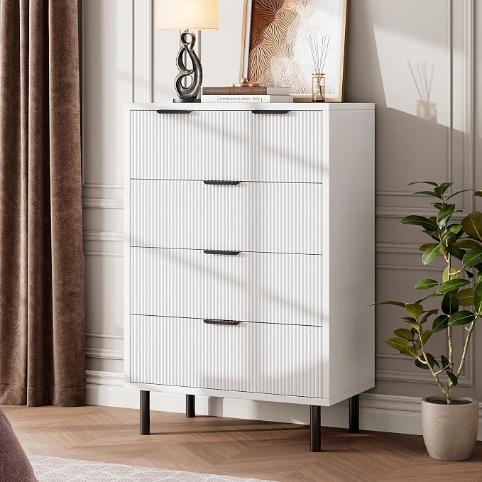 GarveeHome White Wave Fluted 5 Drawer Dresser for Bedroom, Modern Wood Chest of Drawers with Wide Drawers, Closet Dresser Organizer with Anti-Tipping Device and Metal Legs for Hallway Entryway - Image 3