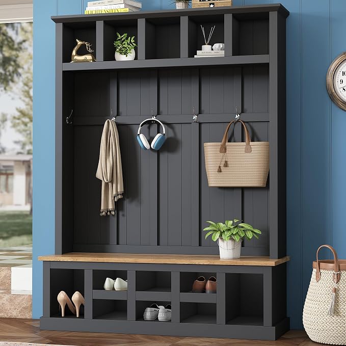 Farmhouse Wood Hall Tree with Bench and Shoe Storage, 5-in-1 Coat Rack with 6 Hooks for Entrance, Hallway Black by Merax