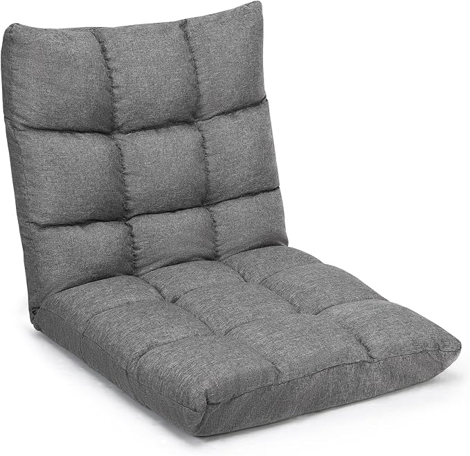 Giantex Adjustable Floor Gaming Sofa Chair 14-Position Cushioned Folding Lazy Recliner High Resilience Sponge, Breathable Cotton & Linen Fabric Sleeper Bed Couch Recliner with Removable Cover (Gray)