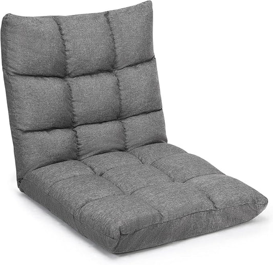 Giantex Adjustable Floor Gaming Sofa Chair 14-Position Cushioned Folding Lazy Recliner High Resilience Sponge, Breathable Cotton & Linen Fabric Sleeper Bed Couch Recliner with Removable Cover (Gray)