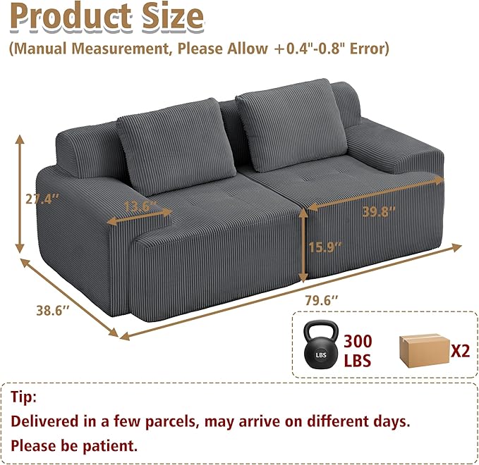 KIGOTY Modular Sectional Sofa, 2 PCS Comfy Cloud Sectional, Corner Couch, Modern Boneless Couch for Living Room, No Assembly Required,Grey