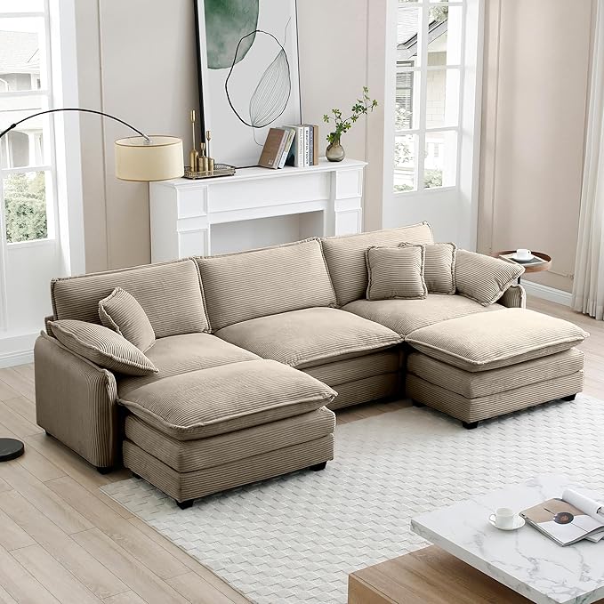 KEIKI 115" U-Shaped Oversized Corduroy Modular Sectional Sofa with 2 Ottoman, High-Density Foam Cushions, Removable Armrests, Upholstered 3-Seater Corner Couch with 5 Pillow, for Living Room, Tan