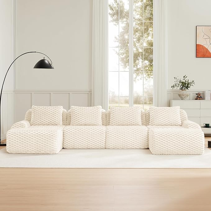 146" U-Shaped Compressed Sectional Cloud Sofa, Flannel Upholstered Modular Deep Seat Sofa with 6 Pieces, Symmetrical Boneless Foam Modular Cloud Couches for Living Room