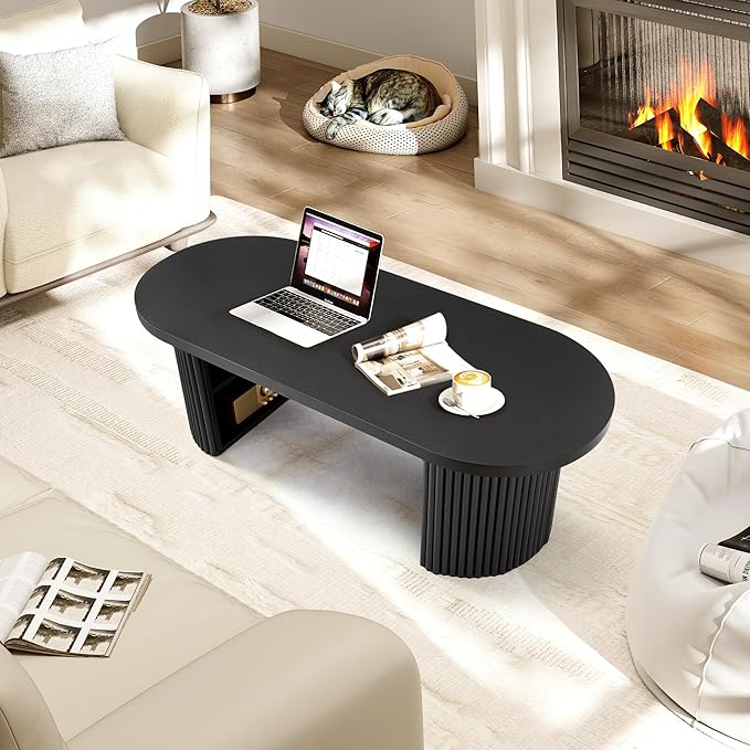 AVZEAR Oval Fluted Coffee Table for Living Room, Mid Century Modern Coffee Table with Storage, Curved Round Wooden Center Table for Home, Office, Cafe, Black(47.24" x 19.69" x 15.74")