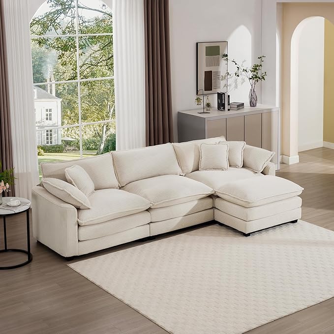 KEIKI 115" L-Shaped Oversized Corduroy Modular Sectional Sofa with 1 Ottoman, High-Density Foam Cushions, Removable Armrests, Upholstered 3-Seater Corner Couch with 5 Pillow, for Living Room, Beige