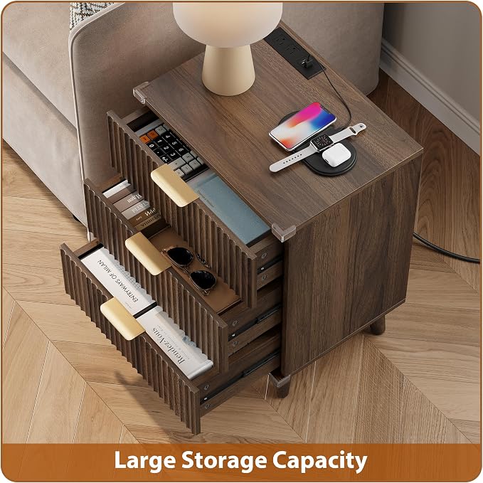 Lulive Wood Nightstand Set of 2 with Charging Station, 3 Drawers Fluted Design, Modern End Table for Bedroom Walnut - Image 5