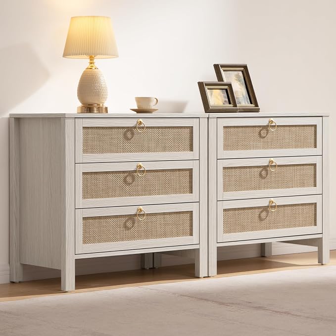 SICOTAS Nightstand Set of 2 with Drawers, Rattan Nightstands, Large Modern Boho Night Stand Wide Bedside Tables for Bedroom by SICOTAS