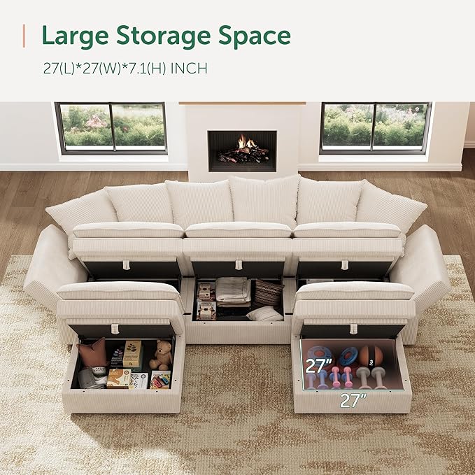 HONBAY Modular Sectional Sofa, 105.5 Inch Deep Seat U Shaped Couch with Storage & Adjustable Armrest Backrest, Beige