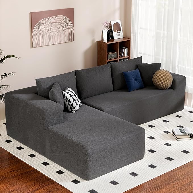 L-Shape Cloud Sectional Sofa, 104” Modern Modular Boneless Couch with Right Chaise Lounge, Compressed Floor Sofa with Pillows & Deep Seat, Flannel Velvet Couch for Living Room, Dark Gray