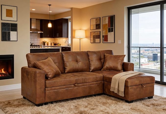 Sectional Sleeper Sofa with Pull Out Bed, L Shape Convertible Sofa Bed Couch with Storage Chaise, 3 in 1 Pull Out Sofa Bed with 3 Seats, for Living Room,Apartment, PU Brown, 76 Inch