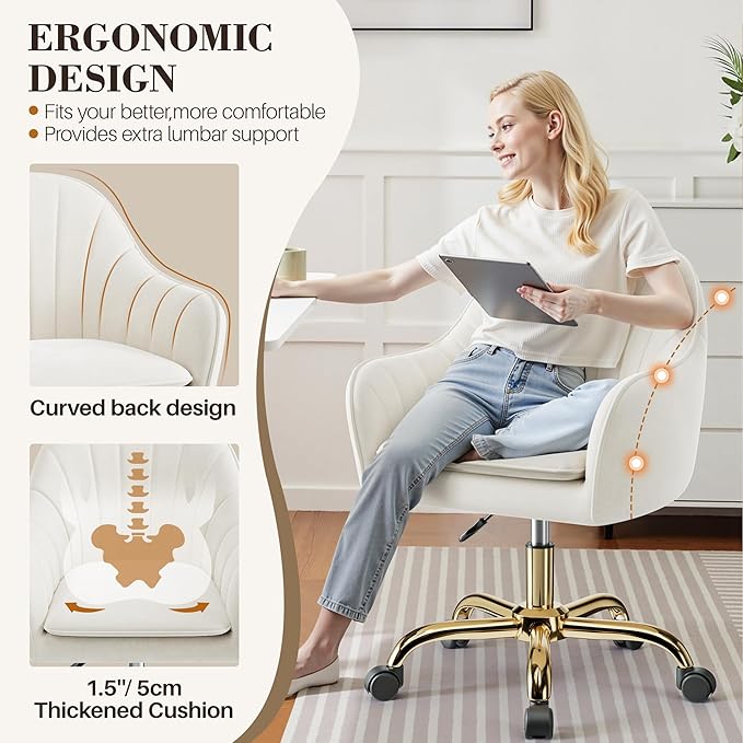 Vanity Chair with Wheels, Comfy Home Office Desk Chairs Adjustable Modern Velvet Makeup Vanity Chairs for Bedroom Living Room-Beige