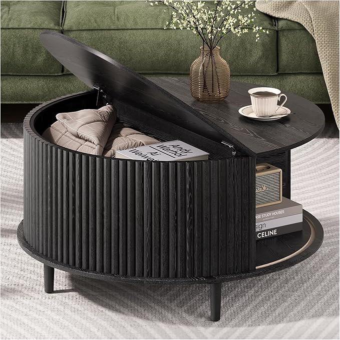 Round Coffee Table with Storage, 31.5" Black Wood Drum Table, Fluted Circle Center Table for Living Room, Modern Mid Century Furniture with Sliding Door