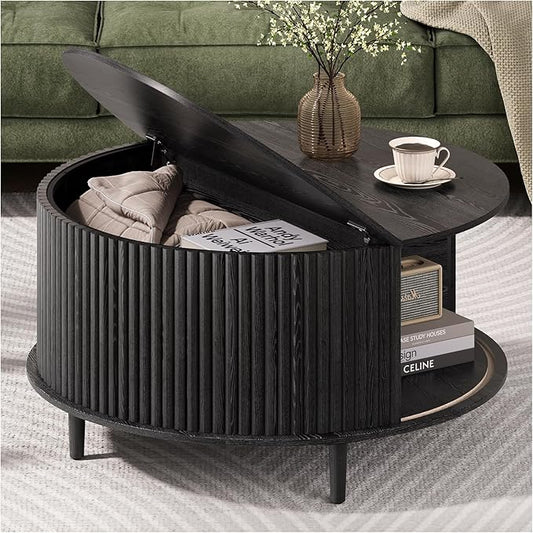 Round Coffee Table with Storage, 31.5" Black Wood Drum Table, Fluted Circle Center Table for Living Room, Modern Mid Century Furniture with Sliding Door