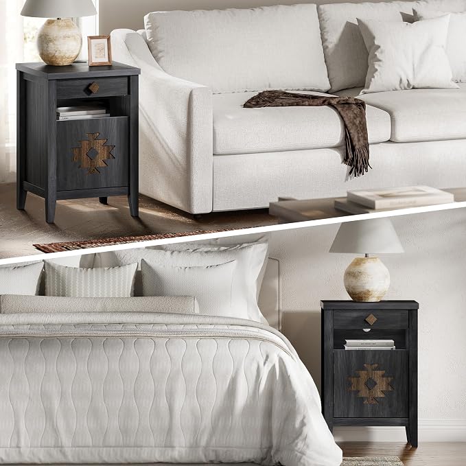 Nightstand with Charging Station and Drawers for Small Space,Wood Nightstand with Storage Cabinet & Drawer & Shelf,Modern and Farmhouse Night Stand for Bedroom,Black - Image 3