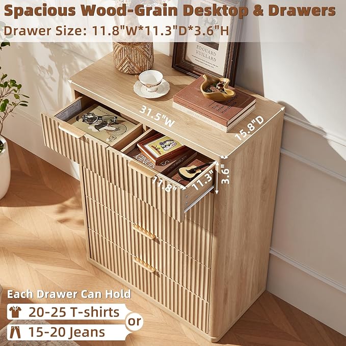 LEYAOYAO 42" Tall Fluted Dresser and 2 Drawers 23" Nightstand Set of 2, Wooden Dresser & Night Stand with Charging Station, 3 Piece Bedroom Furniture Set, Wood Chest of Drawer for Living Room,Natural