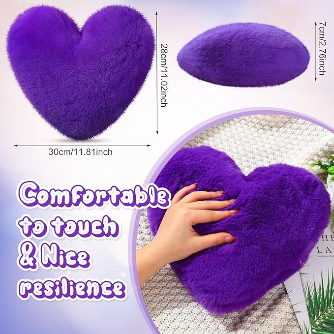 Marsui 2 Pcs Heart Throw Pillows, Soft Fluffy Faux Fur Decorative Hearts Shaped Pillows for Living Room Sofa Bed, Cute Heart Themed Gift for Women(Royal Purple,11.81 x 11.02 Inch)