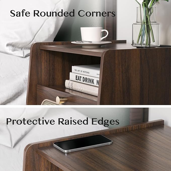 Nightstand Set of 2, Rattan Night Stands with Charging Station, Mid Century Modern Bedside Table with Drawer, Boho Dark Brown End Table with Storage, Wood Side Table for Bedroom, Dark Walnut - Image 6