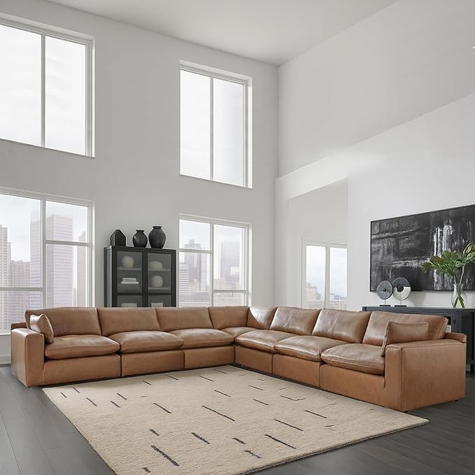 Signature Design by Ashley Emilia Modern L-Shaped Leather Match Modular Anti Sag 7-Piece Sectional with Loose Back Cushions and 2 Bolster Pillows, Orange