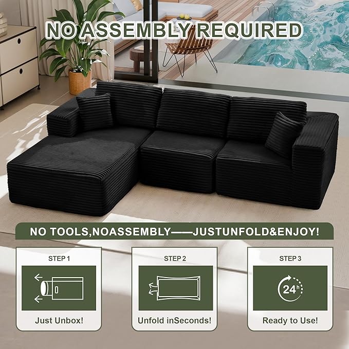 104" Modular Sectional Sofa with L-Shape Chaise, Modern Upholstered Cloud Couches for Living Room Bedroom, No Assembly Required, Black