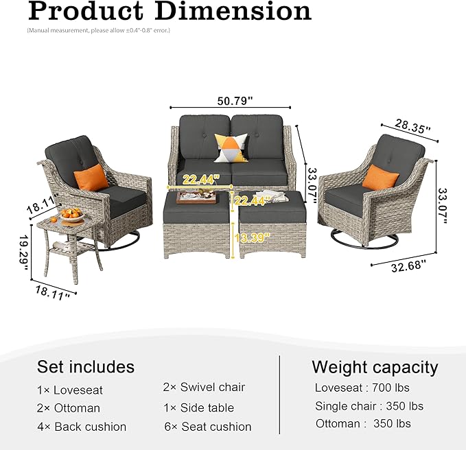 HOOOWOOO 6 Piece Patio Furniture Conversation Sets with Swivel Rocking Chairs,Outdoor Wicker Furniture with Ottoman,All Weather Resistant High Back Rattan Conversational Set(Black)