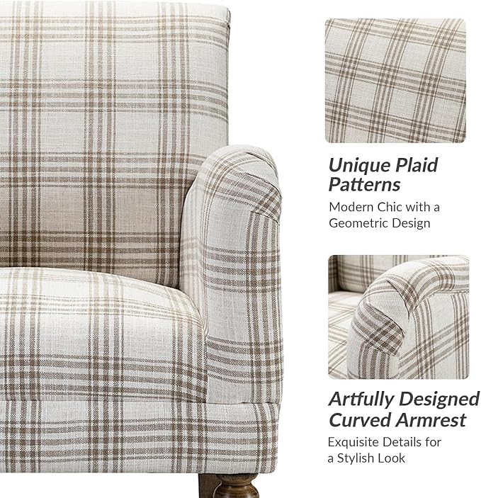 HULALA HOME Modern Accent Chair with Arms and Wooden Legs, Comfy Upholstered Armchair for Living Room, Bedroom (Plaid Pattern, Tan)