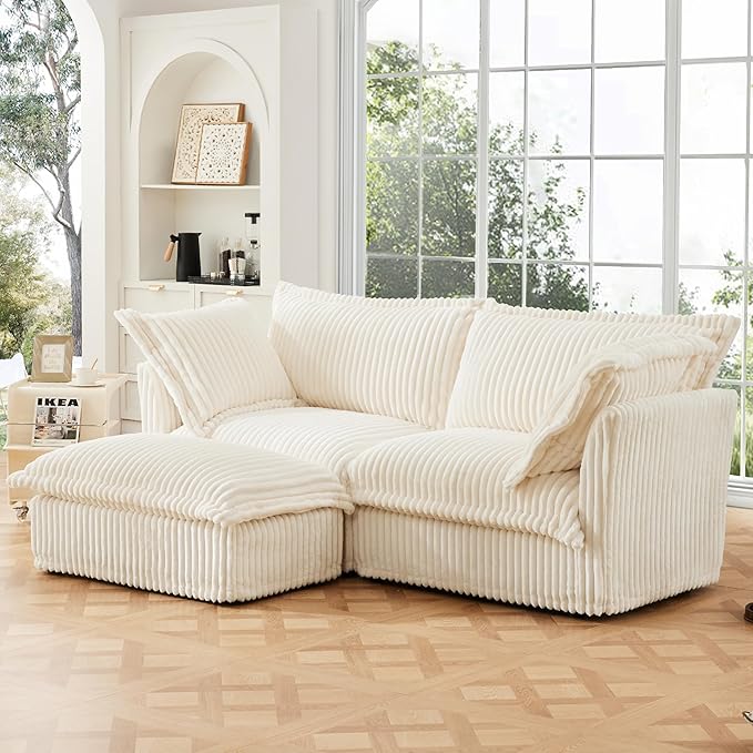 KEIKI 83" Corduroy Sectional Cloud Couch Sofa, White 3 Seat L Shaped Sleeper Sofa Set with Removable Ottoman, Comfy Deep Love Seat for Apartment Living Room, Big Pillows, Cream