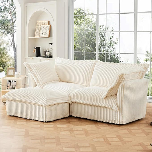 KEIKI 83" Corduroy Sectional Cloud Couch Sofa, White 3 Seat L Shaped Sleeper Sofa Set with Removable Ottoman, Comfy Deep Love Seat for Apartment Living Room, Big Pillows, Cream