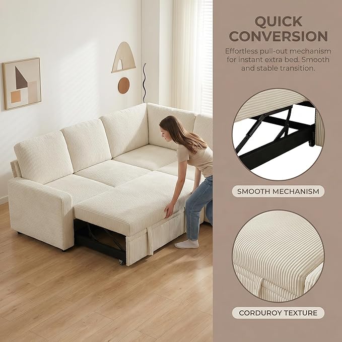 5-Seater Large Sectional Couch with Pull Out Bed, L Shaped Corduroy Sofa with Storage, Convertible Modular Sofa, for Living Room, Apartment, Beige