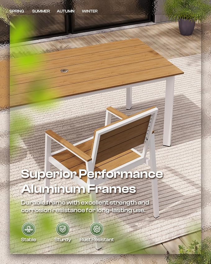 67"*32.3"*29.5" Patio Dining Table, Seamless Rectangle Aluminum + HDPS Outdoor Patio Dining Table with Umbrella Hole, Weather-Resistant for Lawn, Garden, Yard and Indoor Use (White & Teak) - Image 4