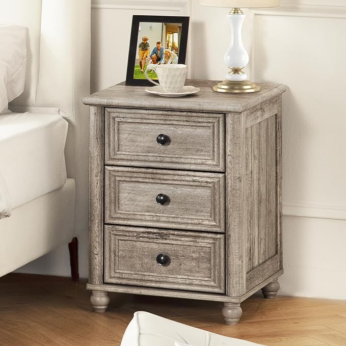 RWYHG 18" Farmhouse Night Stand Set of 2, Gray Wood Nightstand with 3 Drawers, Bedside End Table with Storage and Roman Column, Bed Side Tables Cabinet for Bedroom, Living Room, and Closet - Image 8