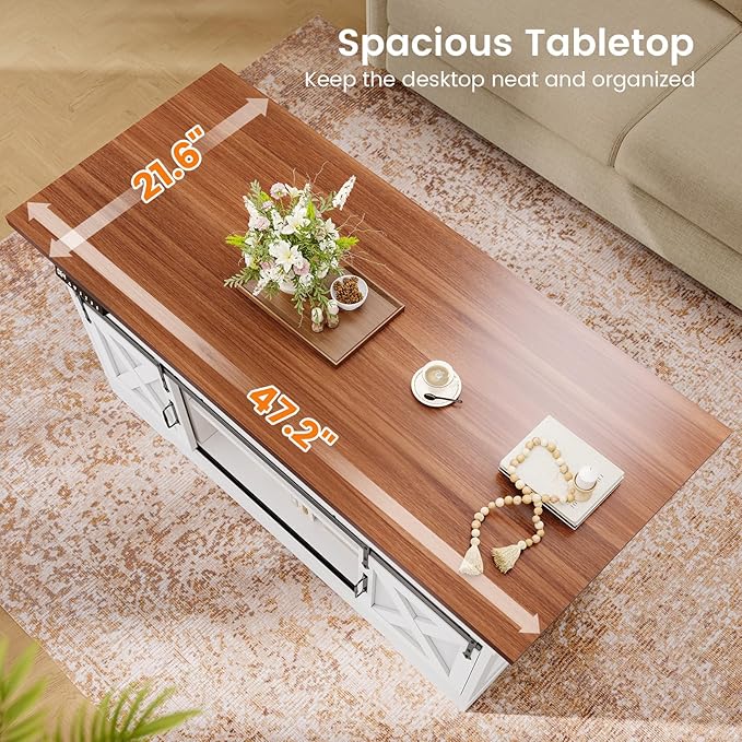 SEDETA 47.2" Farmhouse Smart Lift Top Coffee Table, Rectangle Coffee Table with Storage and Barn Door, Height Adjustable Coffee Table with Power Outlet for Living Room (White)