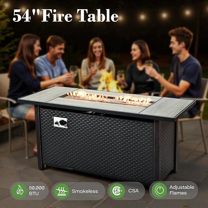 11 Pcs Patio Furniture with Fire Pit Table, Outdoor Rattan Wicker Conversation Set with Glowing Coffee Table, Comfy Sectional Sofa for Porch Balcony Backyard Pool, Light Grey