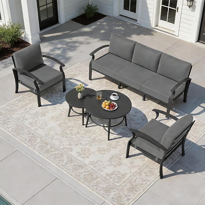 Aluminum Outdoor Patio Furniture Set,5 Seats Patio Conversation Sets with 2 Round Coffee Tables,Metal Patio Sectional Furniture Set with 5.1" Thickened Cushions,Grey