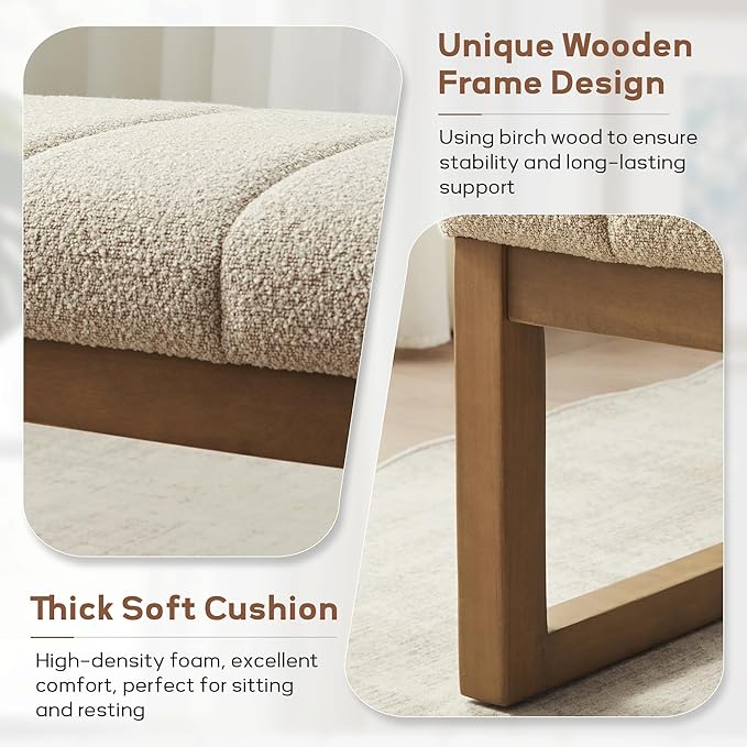 Zihanhome 52.7" Bedroom Bench for End of Bed, Modern Upholstered Teddy Fabric Entryway Bench & Dining Bench, Footrest Stool Bench with Solid Wood Frame for Bedroom, Living Room (Camel) - Image 5
