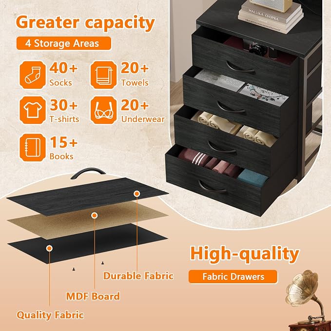 Furnulem Tall Nightstand with Charging Station, Night Stands with LED Lights and Storage Shelves, Bed Side Table for Bedroom, Hallway, Office, 4 Fabric Drawers (Black Oak) - Image 7